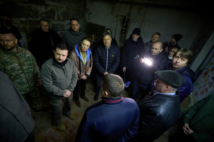 Ukraine's President Zelenskiy Zelenskiy and German Economy and Climate Minister Habeck visit the village of Yahidne on the first anniversary of its liberation, in Chernihiv region