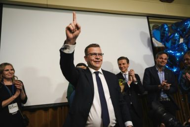 Petteri Orpo, chairperson of Finland's National Coalition Party, speaks to supporters following parliamentary elections on Sunday, April 2, 2023