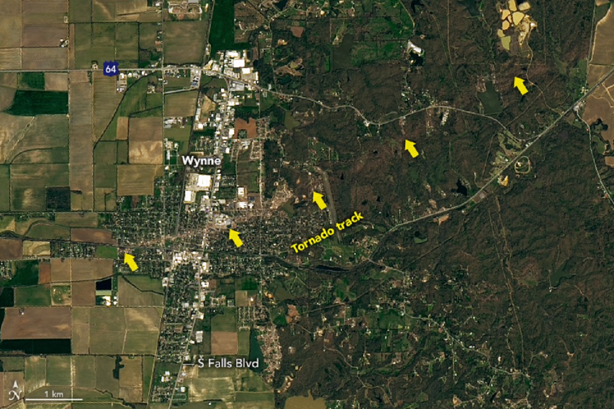 Tornado Cuts Path Of Destruction Through City In Arkansas NASA   Tornado Track Arkansas Wynne Satellite Nasa 