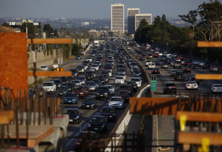 Traffic moves slowly on the 405 freeway in Los Angeles, California