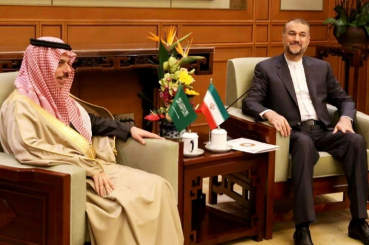 This handout picture provided by the Iranian foreign ministry shows Iran's Foreign Minister Hossein Amir-Abdollahian (R) and Saudi Foreign Affairs Minister Prince Faisal bin Farhan (L) meeting in Beijing on April 6, 2023. The foreign ministers of Middle E