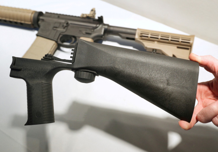 A bump fire stock that attaches to a semi-automatic rifle to increase the firing rate is seen at Good Guys Gun Shop in Orem