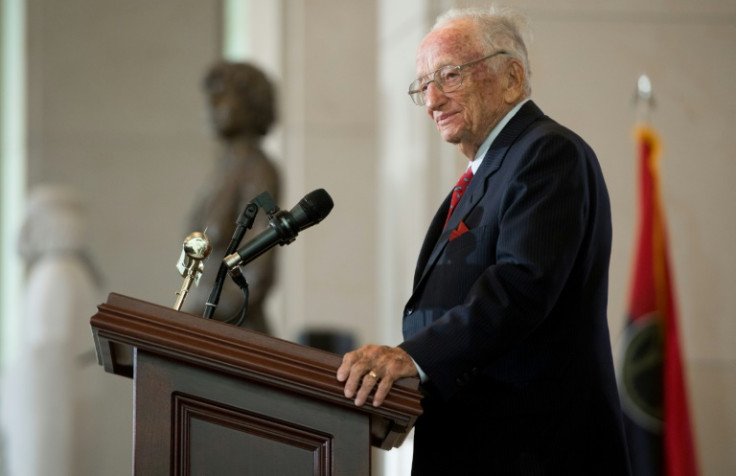 Benjamin Ferencz speaks during a remembrance ceremony to honor the victims of the Holocaust and Nazi persecution, at the US Capitol in April 2018