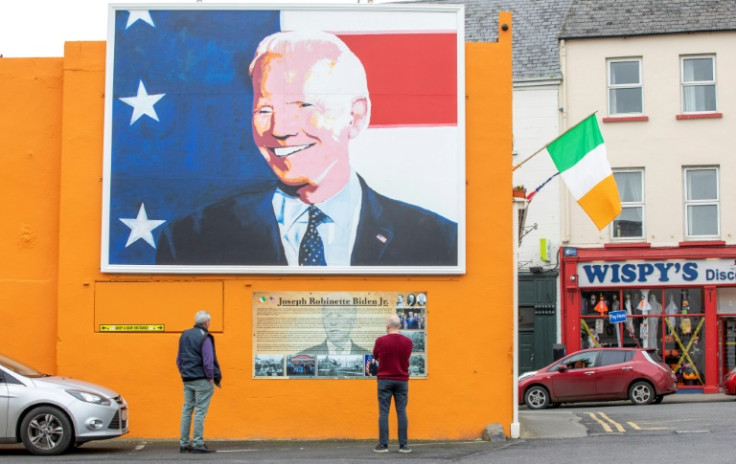 A poster of Joe Biden is seen on a building in the Irish city of Ballina in October 2020