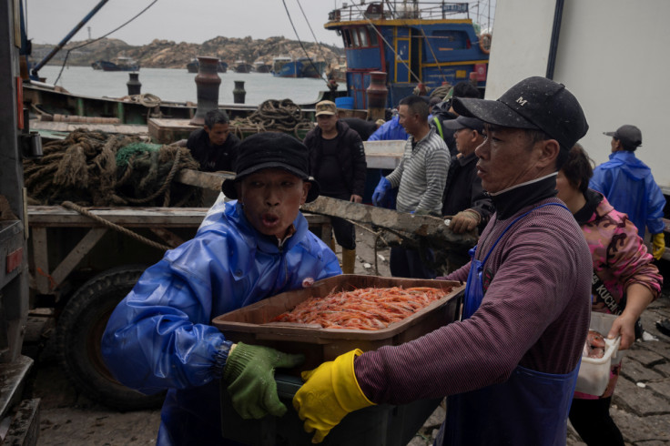 Fishermen unload shrimp which they caught in the Taiwan Strait as their ship discharges its catch at a harbour on Pingtan Island