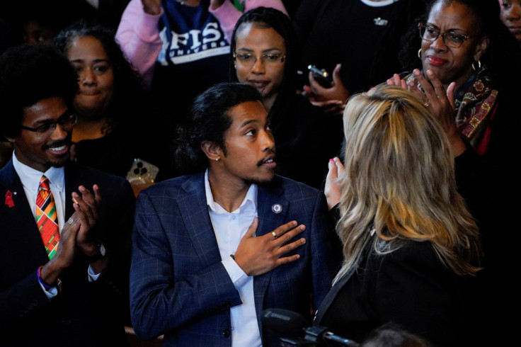 U.S. Vice President Kamala speaks after the Tennessee House of Representatives votes to expel two of its members