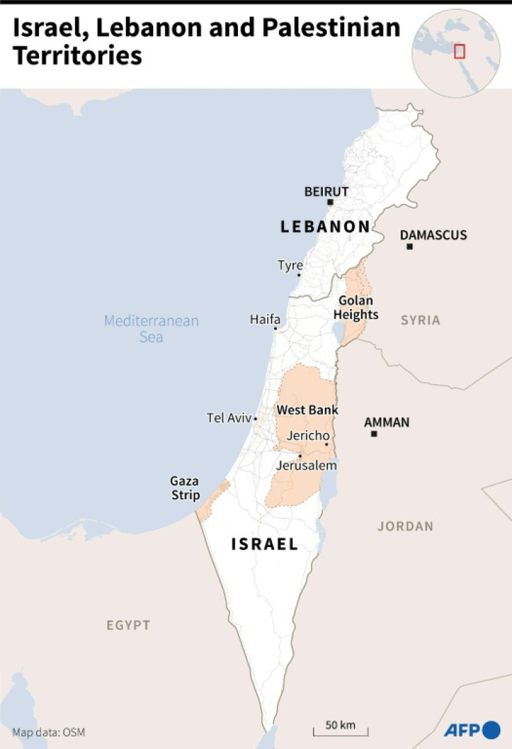 Map showing Israel, Palestinian territories and Lebanon