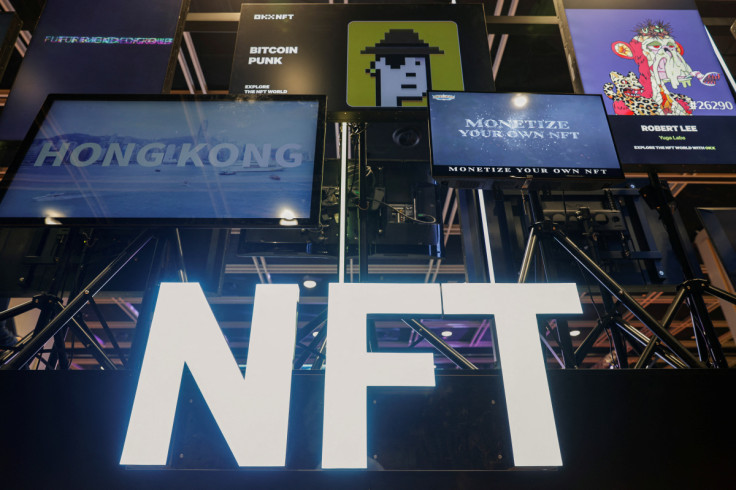 A signage for "NFT" is seen at Hong Kong Web3 Festival, in Hong Kong