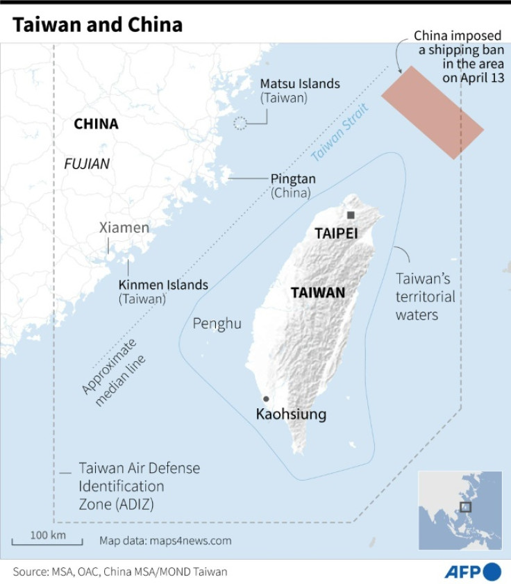 Map of Taiwan showing an area where China banned ships from entering on Sunday due to "possible falling rocket wreckage", according to Chinese maritime authorities.