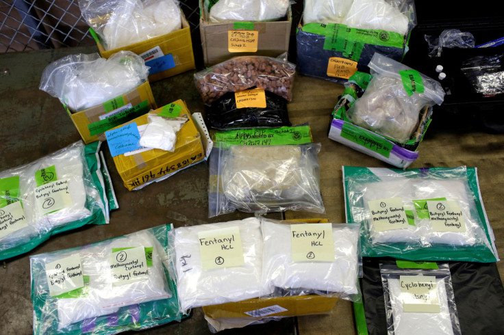 Plastic bags of Fentanyl are displayed on a table at the U.S. Customs and Border Protection area at the International Mail Facility at O'Hare International Airport in Chicago