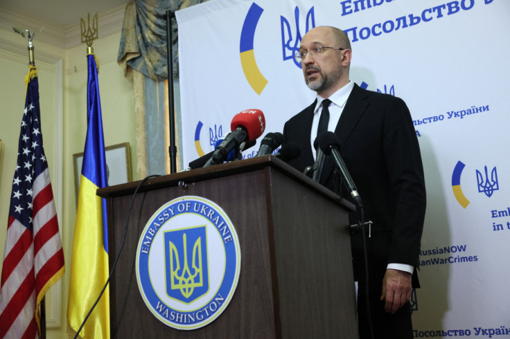 Ukraine Prime Minister Shmyhal at a news conference at the Ukrainian Embassy in Washington