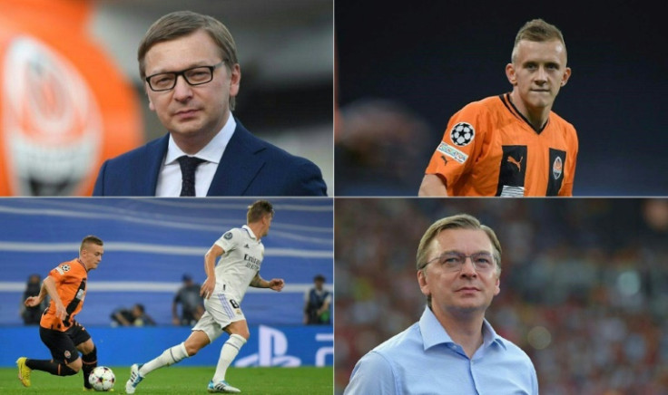 COMBO) This combination of undated photographs created on April 16, 2023, shows from top left to bottom right: Shakhtar Donetsk's CEO Sergey Palkin, Shakhtar's Ukrainian international defender Ivan Petryak, Petryak in action on the pitch and CEO Sergey Pa