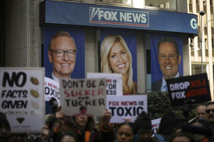 Protestors outside Fox News, which is being sued for $1.6 billion by Dominion Voting Systems