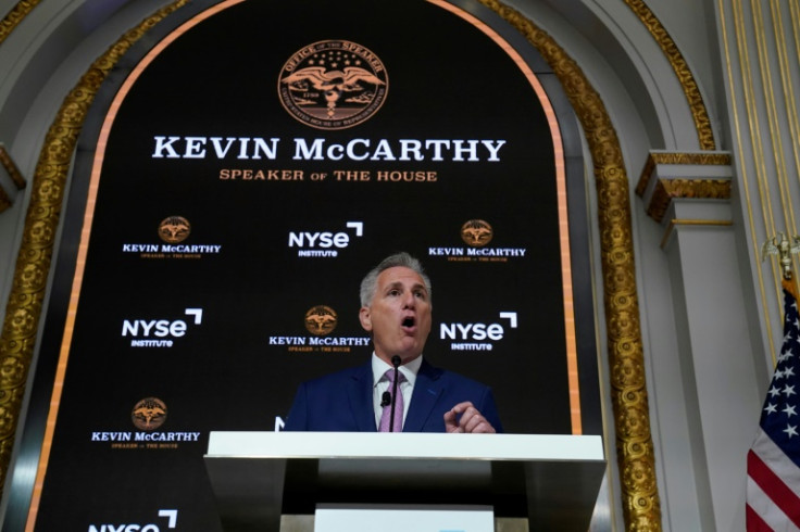US House Speaker Kevin McCarthy delivers a speech on the econony at the New York Stock Exchange (NYSE) in New York
