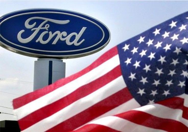 A Ford logo at a dealership in Manassas, Virginia
