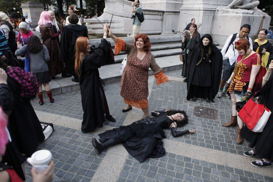 Members of the Harry Potter fan group re-enacting the film scene in New York