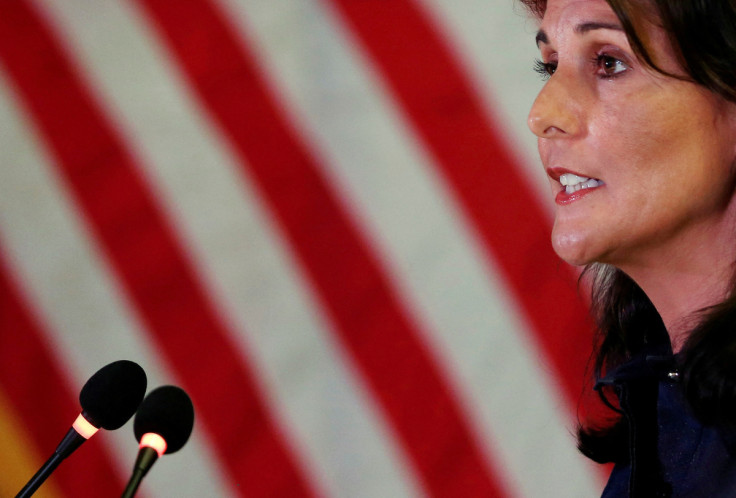 U.S. Ambassador to the United Nations Nikki Haley addresses a gathering on advancing India-U.S. relations, in New Delhi