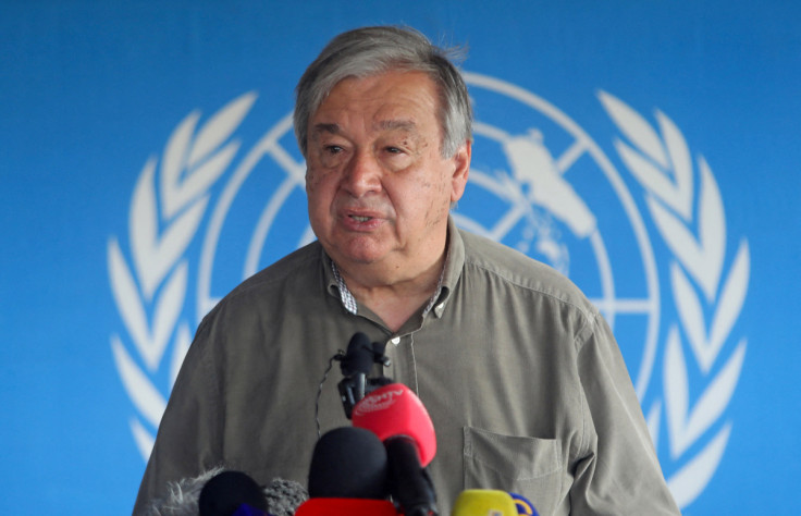 U.N. Secretary-General Antonio Guterres addresses a news conference at the U.N. Base in Halane Mogadishu