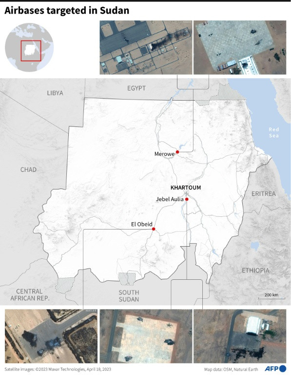 Satellite images of damaged airbases in Merowe, Jebel Aulia and El Obeid, Sudan