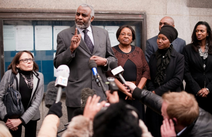 Neville Lawrence speaking outside court in 2012 after two men were sentenced for his son's murder