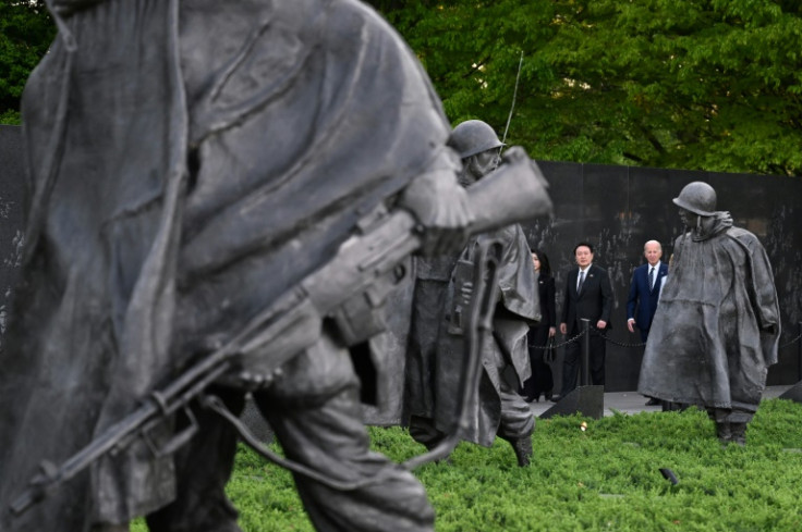 US President Joe Biden and South Korea President Yoon Suk Yeol visit the Korean War Veterans Memorial in Washington