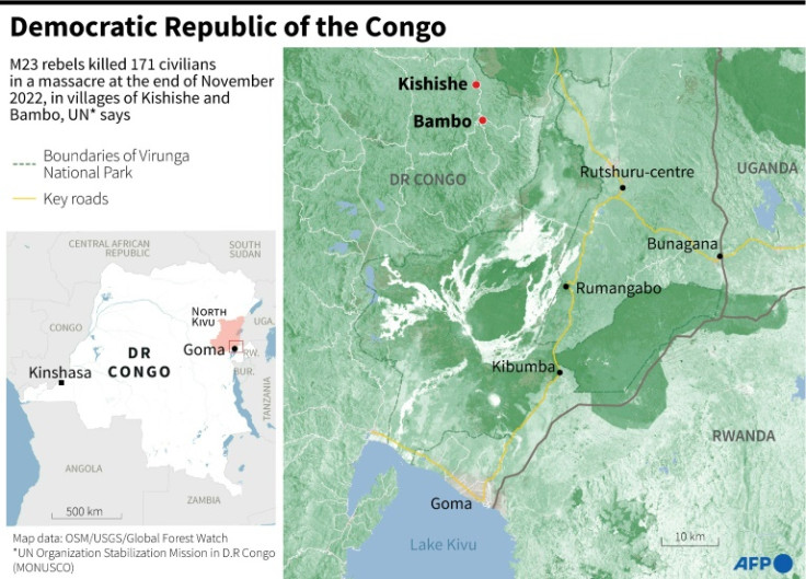 Map showing the location of Kishishe and Bambo in eastern DR Congo, where 171 civilians were killed by M23 rebels last November, according to the UN.