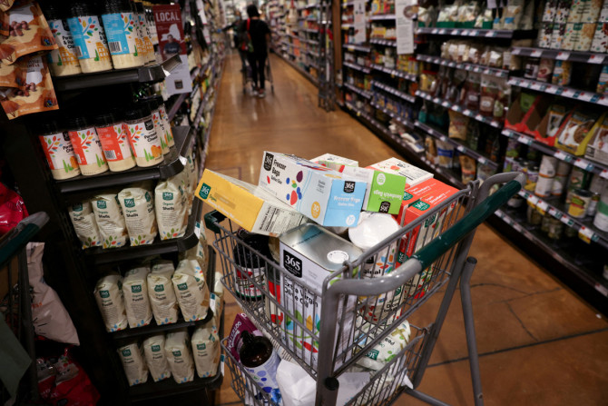 A shopping cart is seen in a supermarket in Manhattan, New York City