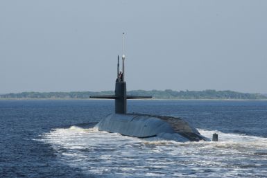 The Ohio-class ballistic-missile submarine USS Alaska (SSBN 732) returns to Naval Submarine Base Kings Bay following a patrol, in Kings Bay