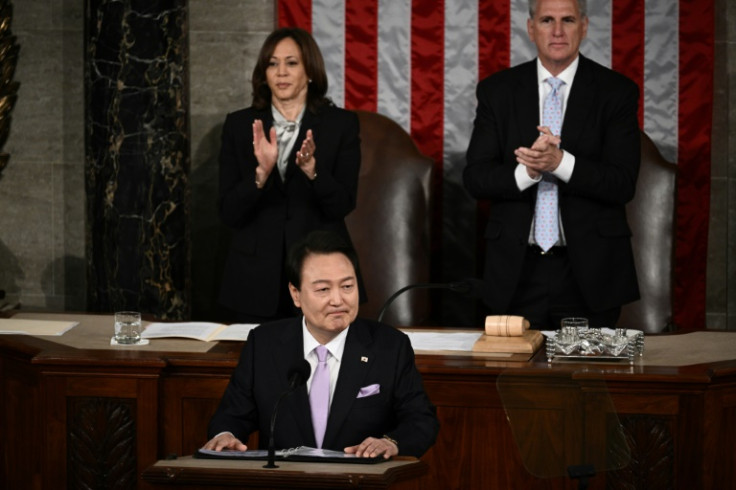 South Korean President Yoon Suk Yeol addresses a Joint Meeting of Congress in the House Chamber of the US Capitol in Washington, DC, on April 27, 2023