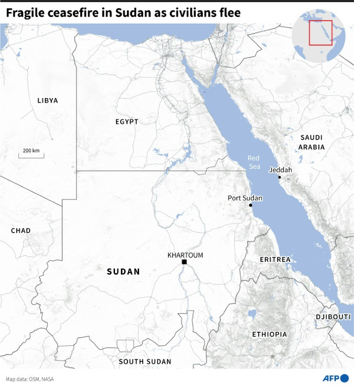 Map of Sudan and neighbouring countries as civilians flee the country