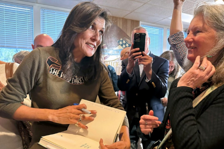 Onetime UN envoy Nikki Haley (L) campaigns for the Republican nomination in New Hampshire on April 28, 2023