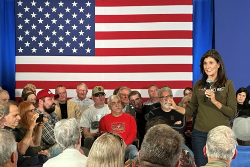Republican hopeful Nikki Haley addresses a town hall in Laconia, New Hampshire