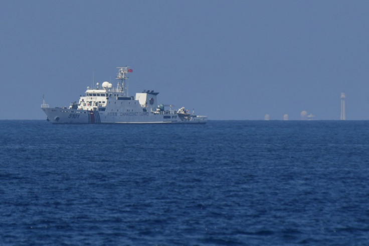 This photo taken on April 21, 2023 shows a Chinese Coast Guard ship patrolling near Philippine-occupied Thitu island in the disputed South China Sea