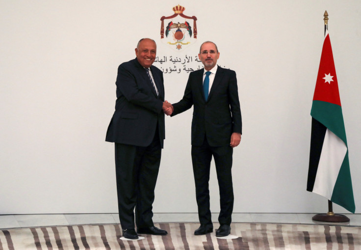 Jordan's Foreign Minister Ayman Safadi shakes hands with Egypt's Foreign Minister Sameh Shoukry in Amman