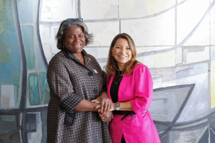 US Ambassador to the UN Linda Thomas-Greenfield (left) meets Brazilian First Lady Rosangela Lula da Silva at the Planalto Palace in Brasilia