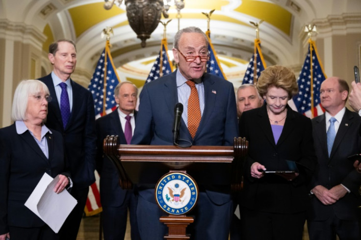 US Senate Majority Leader Chuck Schumer, Democrat of New York, speaks about China Ccompetitiveness legislation alongside Democratic Senate committee chairs at the US Capitol on May 3, 2023