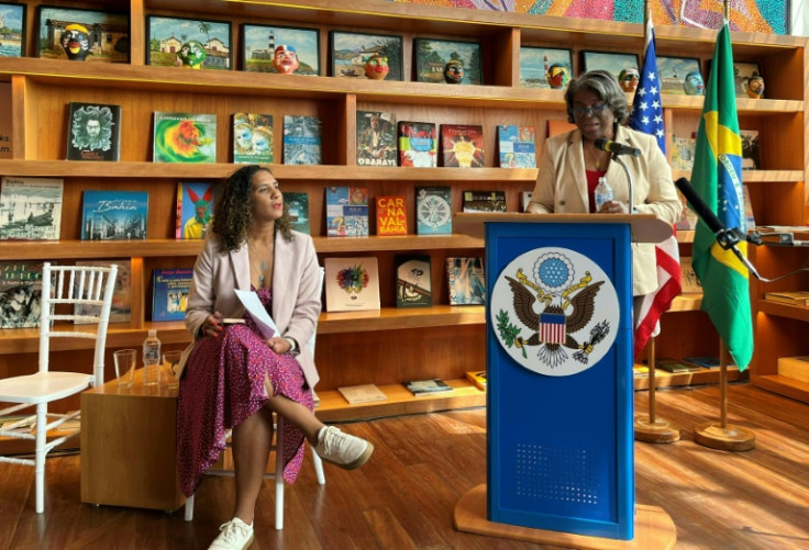 Linda Thomas-Greenfield (right), the US ambassador to the United Nations, holds a joint news conference with Brazil's Minister of Racial Equality Anielle Franco in Salvador, Brazil