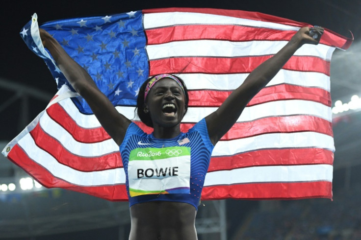 Tori Bowie, seen here celebrating her silver medal in the 100m at the 2016 Rio Olympics, has died at the age of 32