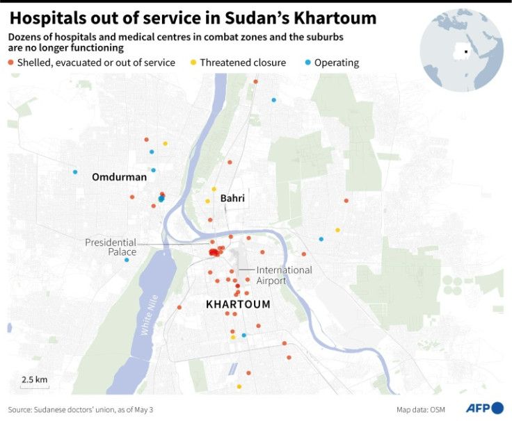 Map of Khartoum, the capital of Sudan, showing the state of hospitals, as of May 3