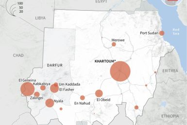 Map showing number of people killed in fighting and strikes in Sudan between April 15 and 28, according to data from NGO Acled, mostly from the military or the paramilitary group