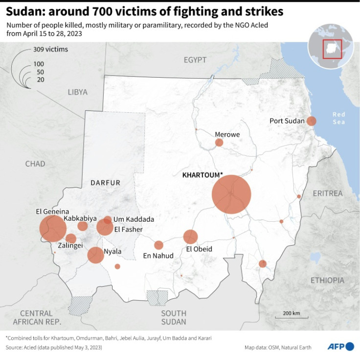 Map showing number of people killed in fighting and strikes in Sudan between April 15 and 28, according to data from NGO Acled, mostly from the military or the paramilitary group