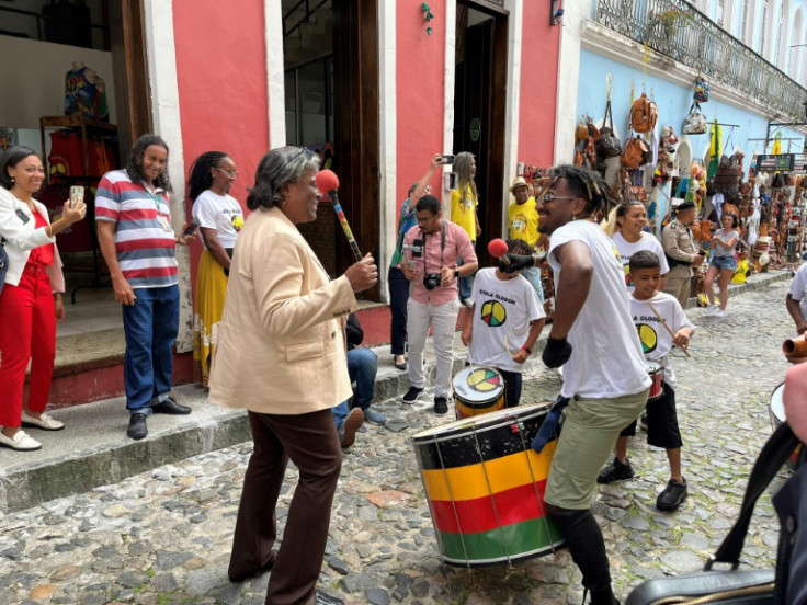 Linda Thomas-Greenfield, the US ambassador to the United Nations, joins street drummers from the Olodum Afro-Brazilian cultural center in Salvador, Brazil on May 3, 2023 on a visit in which she also sought cooperation in violence-wracked Haiti