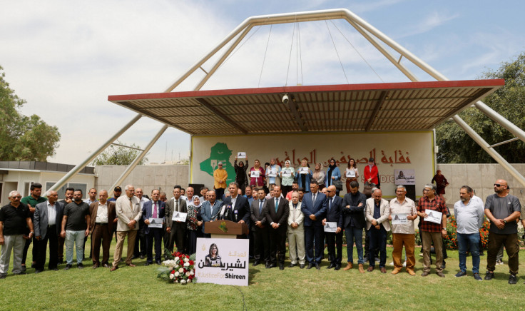 Iraqi journalists stand in solidarity to commemorate one year since killing of Al Jazeera reporter Shireen Abu Akleh, who was killed in Jenin while on a reporting mission, in Baghdad