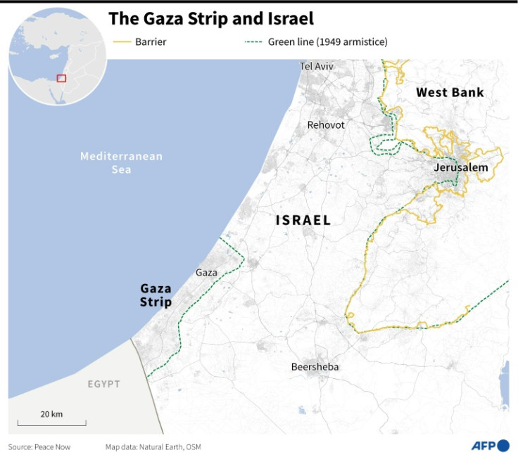 Map locating Israel, the West Bank and the Gaza Strip