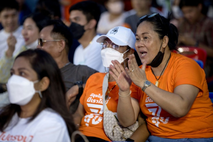 Supporters of the Move Forward Party react as they watch the election results