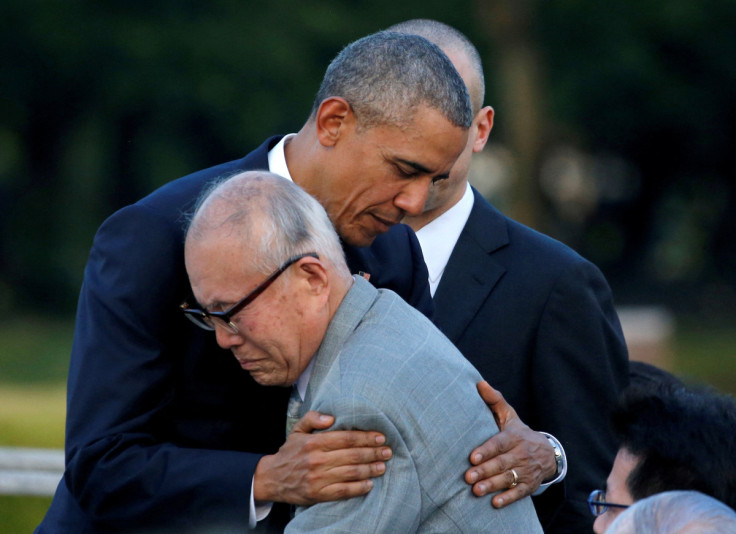 U.S. President Barack Obama hugs atomic bomb survivor Shigeaki Mori as he visits Hiroshima Peace Memorial Park in Hiroshima