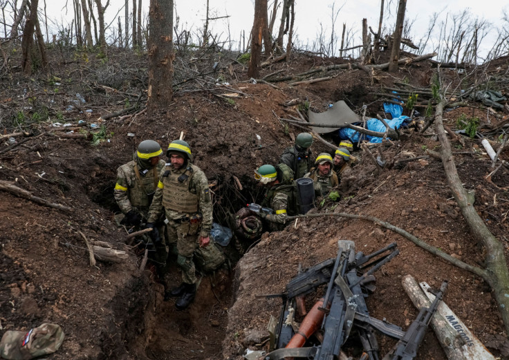 Ukrainian servicemen are seen after a fight near the front line city of Bakhmut