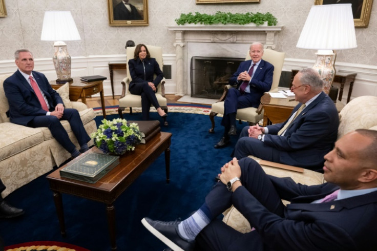 US President Joe Biden speaks during a meeting on the debt limit with US House Speaker Kevin McCarthy, US Vice President Kamala Harris, Senate Majority Leader Chuck Schumer and House Minority Leader Hakeem Jeffries in the Oval Office May 16, 2023
