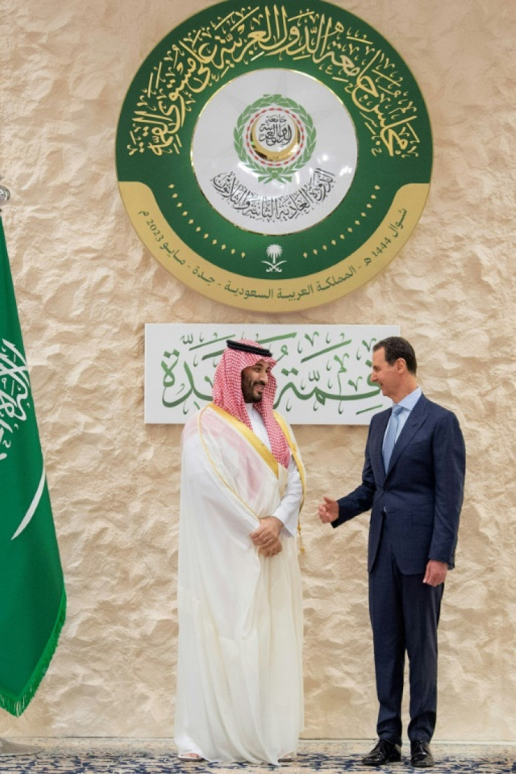 Syria's President Bashar al-Assad, pictured being greeted by the Saudi crown prince, argued against 'external interference' in Arab League members' affairs at the Jeddah summit