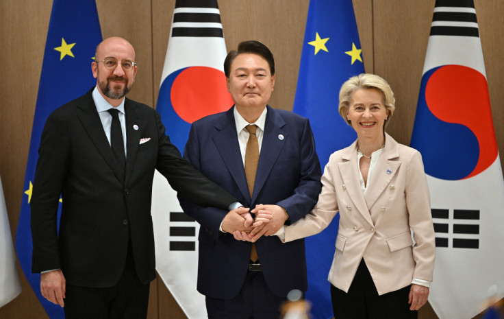 South Korea's President Yoon Suk Yeol meets Charles Michel, President of the European Council, and Ursula von der Leyen, President of the European Commission